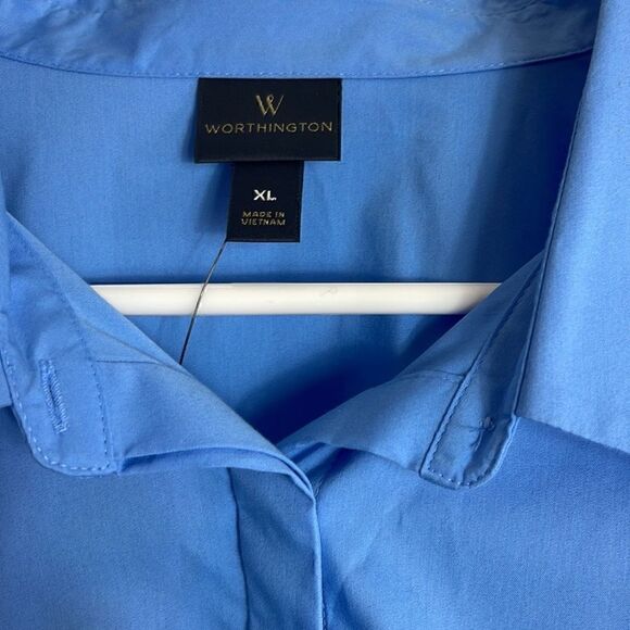 Worthington Top Womens Size XL Blue Puff Long Sleeve Button Up Blouse Cotton New - Picture 2 of 11